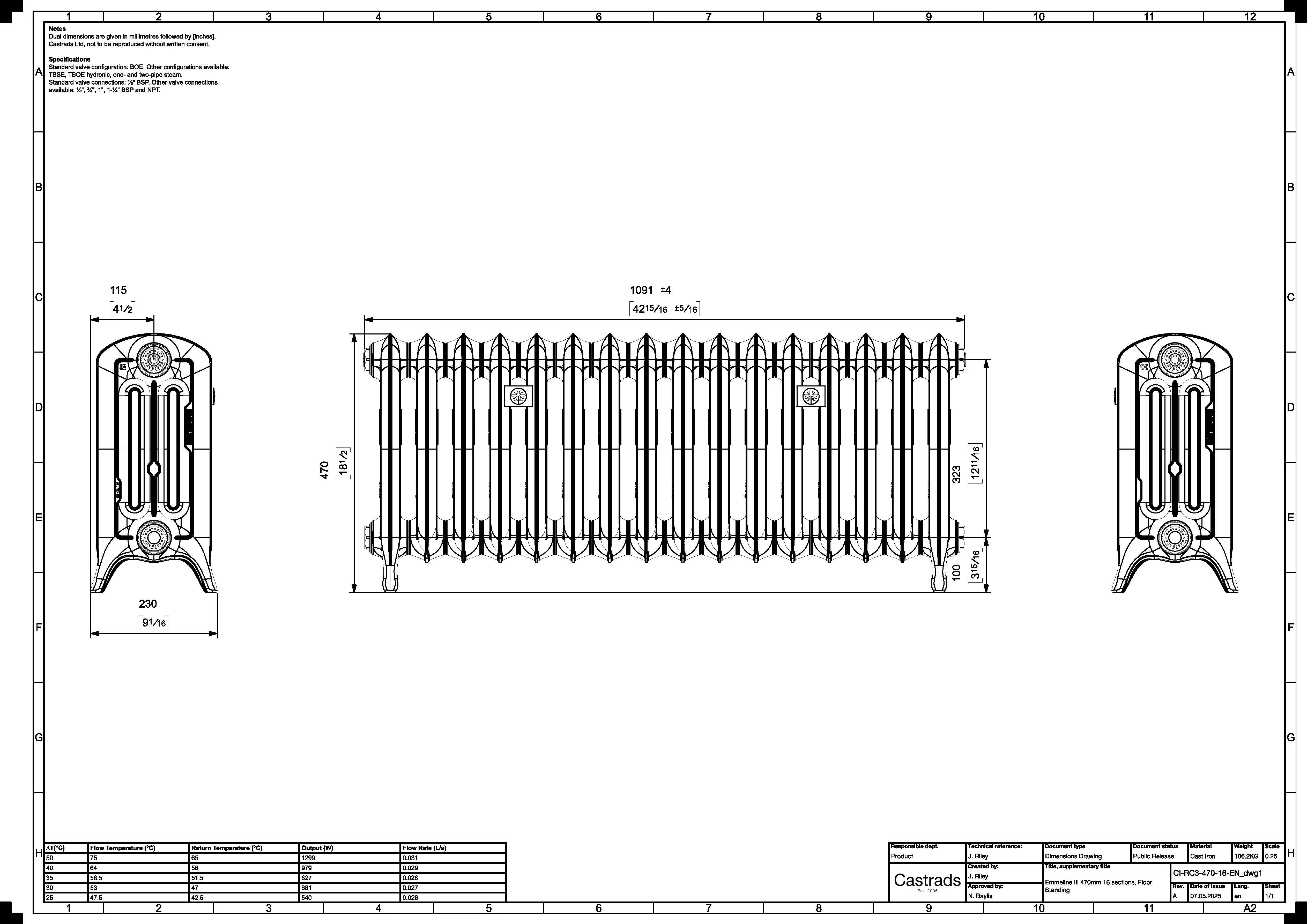 Emmeline III - Astral Grey Mid Cast Iron Column Radiator H470mm x W1094mm 3 Column - Floor Standing - Image 3