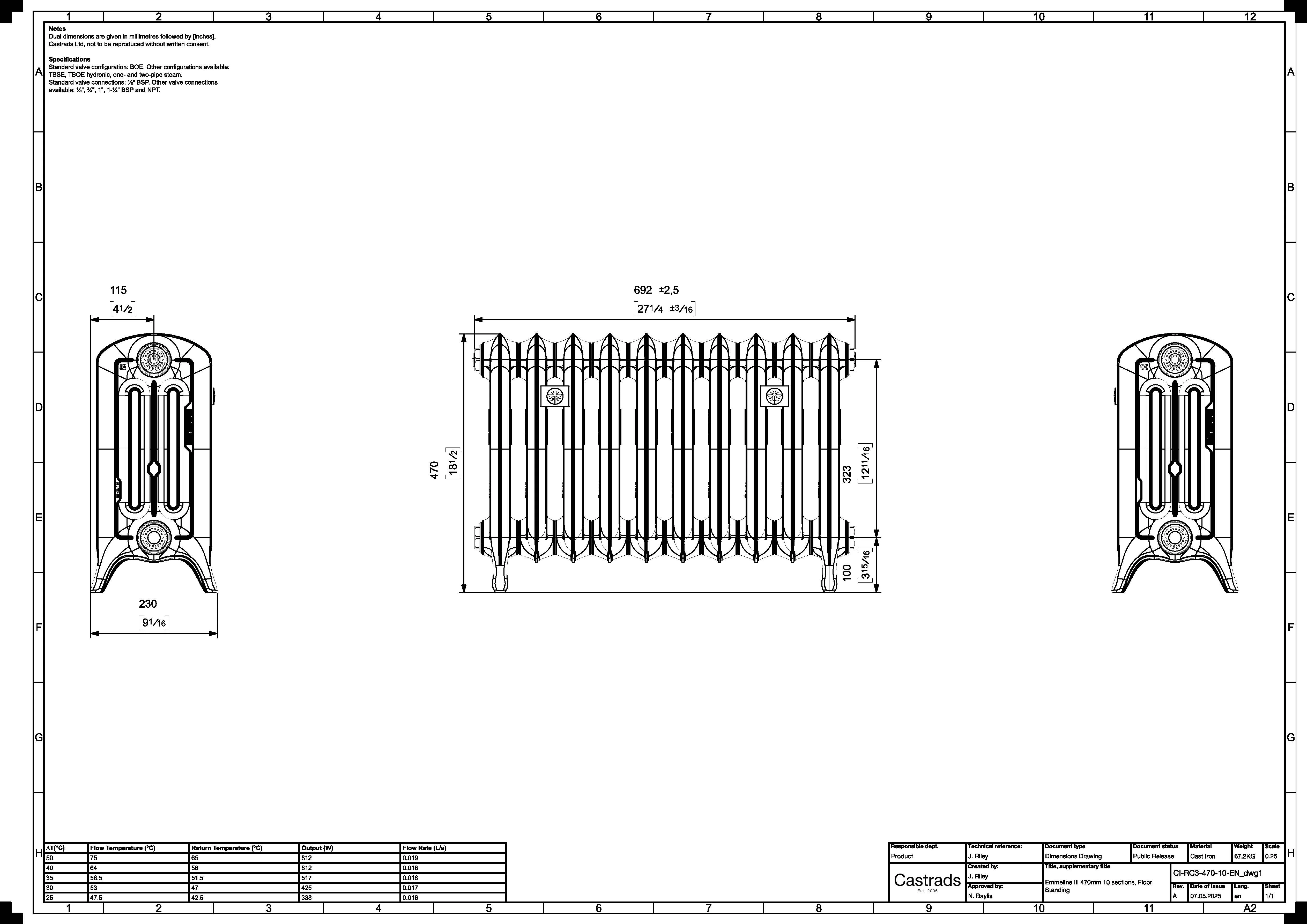 Emmeline III - Pebble Grey Cast Iron Column Radiator H470mm x W695mm 3 Column - Floor Standing - Image 3