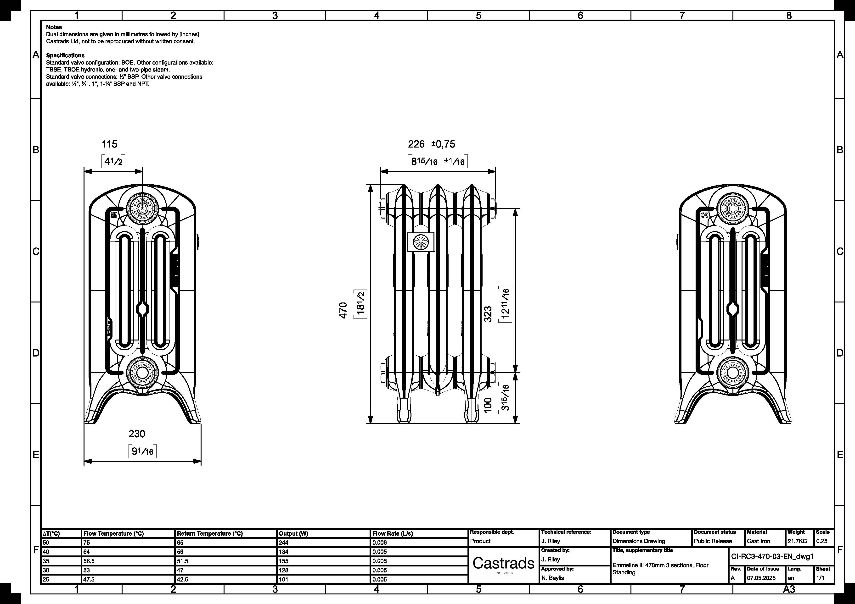 Emmeline III - Pencil Grey Cast Iron Column Radiator H470mm x W230mm 3 Column - Floor Standing - Image 3