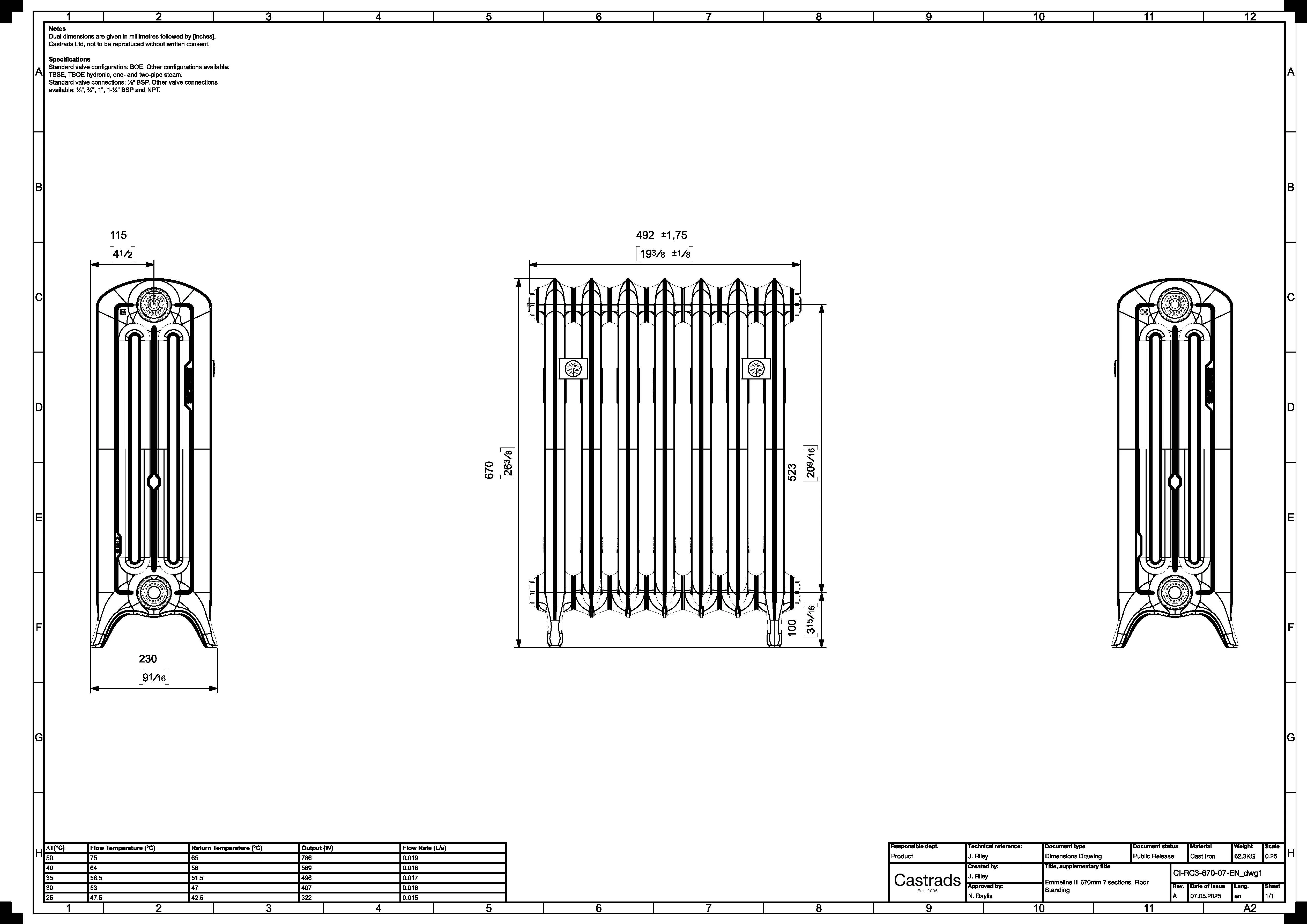 Emmeline III - Pencil Grey Cast Iron Column Radiator H670mm x W496mm 3 Column - Floor Standing - Image 3