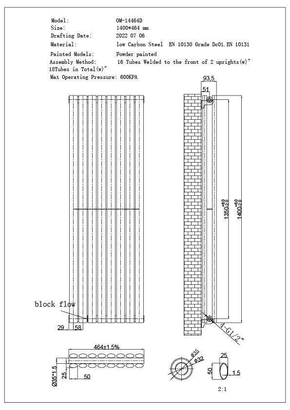 Omeara - Anthracite Designer Radiator H1400mm x W464mm Double Panel - Feet Included - Image 4
