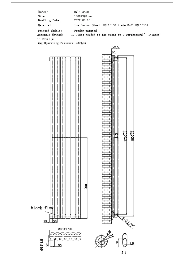 Omeara - Anthracite Designer Radiator H1800mm x W348mm Double Panel - Feet Included - Image 4