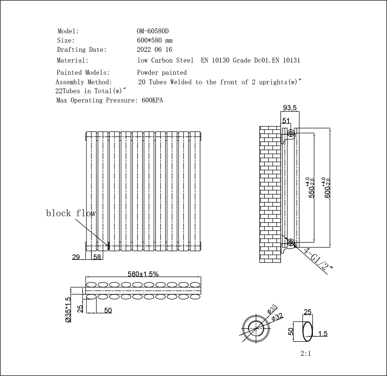 Omeara - Anthracite Designer Radiator H600mm x W580mm Double Panel - Feet Included - Image 4
