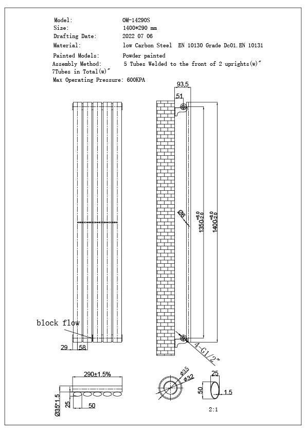 Omeara Axis - Anthracite Horizontal Radiator H290mm x W1400mm Single Panel - Image 3