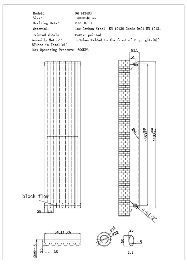 Omeara Axis - Anthracite Horizontal Radiator H348mm x W1400mm Single Panel - Image 3