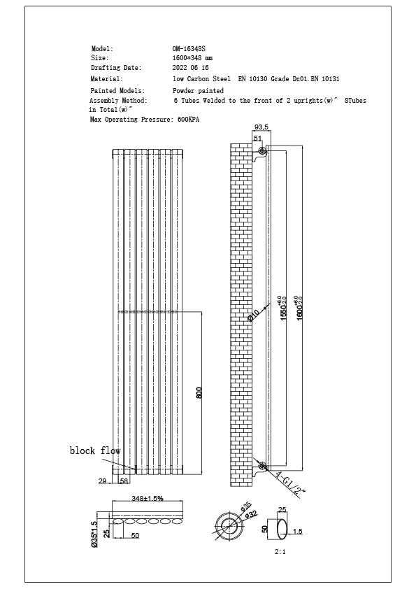 Omeara Axis - Anthracite Horizontal Radiator H348mm x W1600mm Single Panel - Image 3
