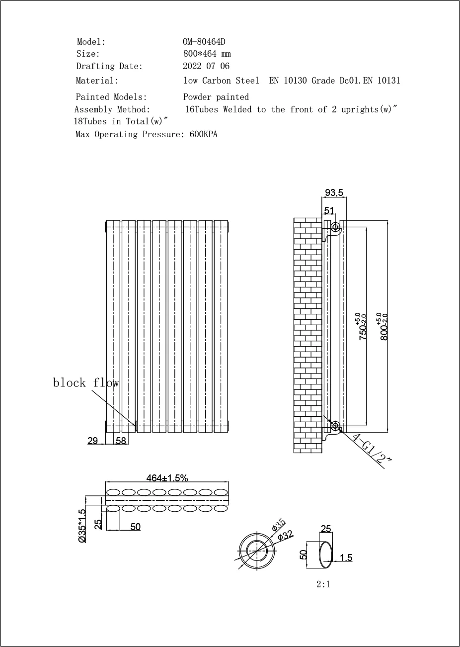 Omeara Axis - Anthracite Horizontal Radiator H464mm x W800mm Double Panel - Image 3