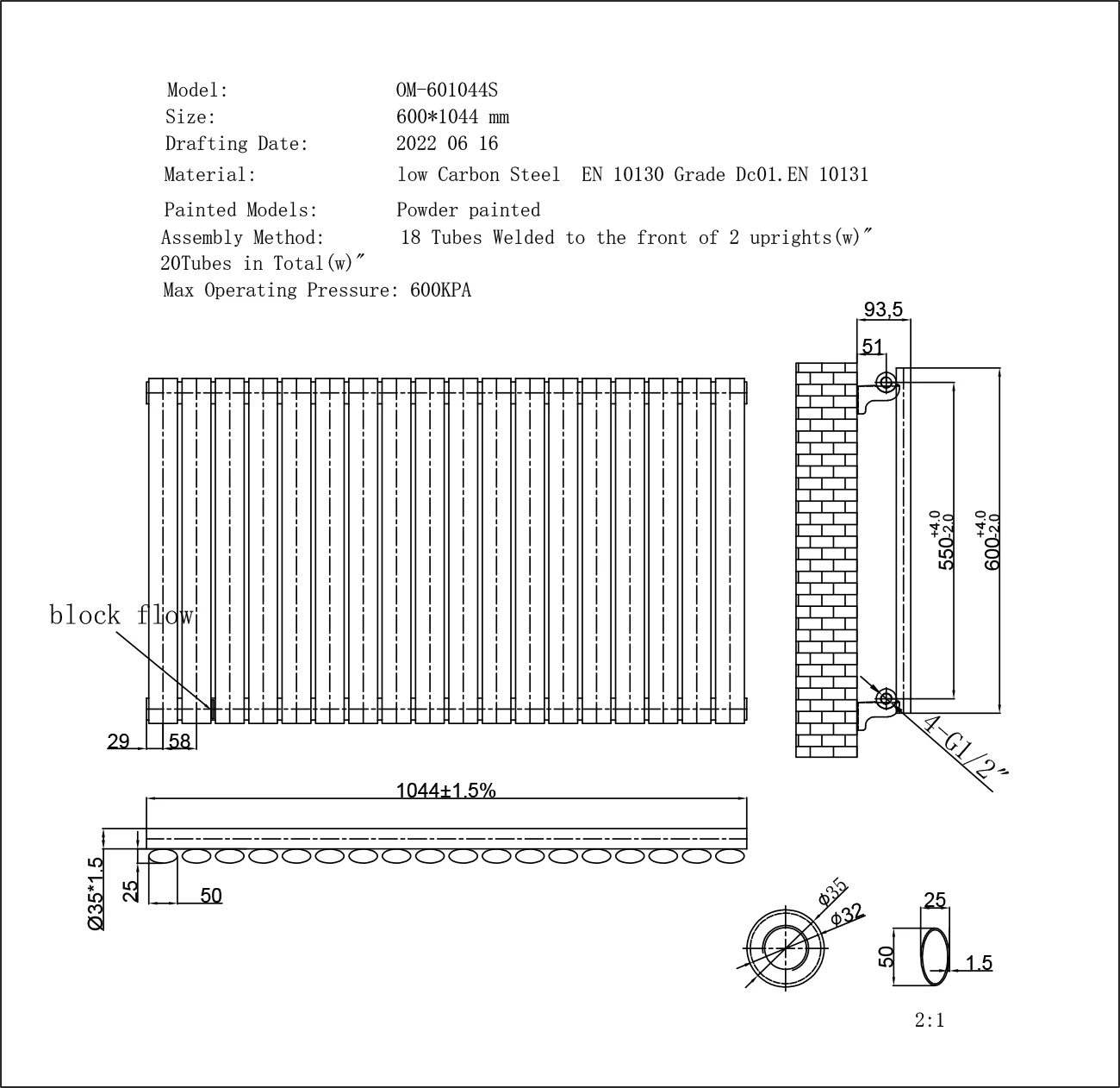 Omeara - Anthracite Horizontal Radiator H600mm x W1044mm Single Panel - Image 3