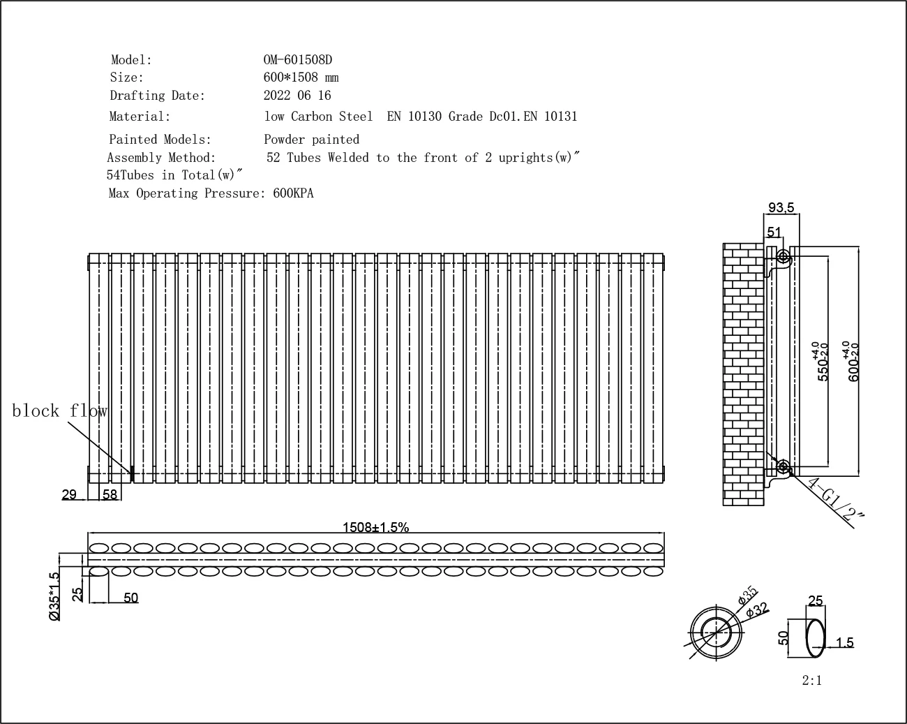 Omeara - Anthracite Horizontal Radiator H600mm x W1508mm Double Panel - Image 3