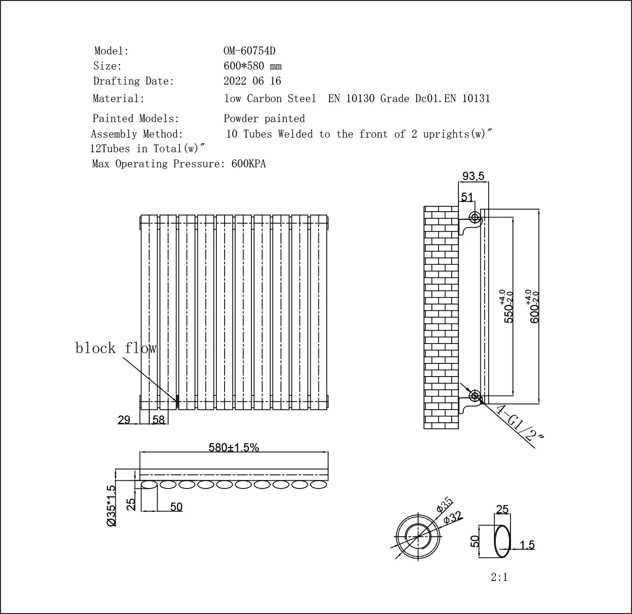 Omeara - Anthracite Horizontal Radiator H600mm x W580mm Single Panel - Image 3