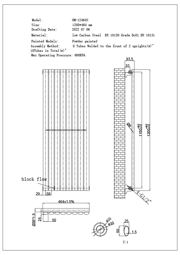 Omeara - Anthracite Vertical Radiator H1200mm x W464mm Single Panel - Image 3