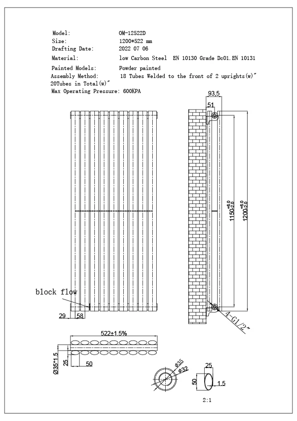 Omeara - Anthracite Vertical Radiator H1200mm x W522mm Double Panel - Image 3
