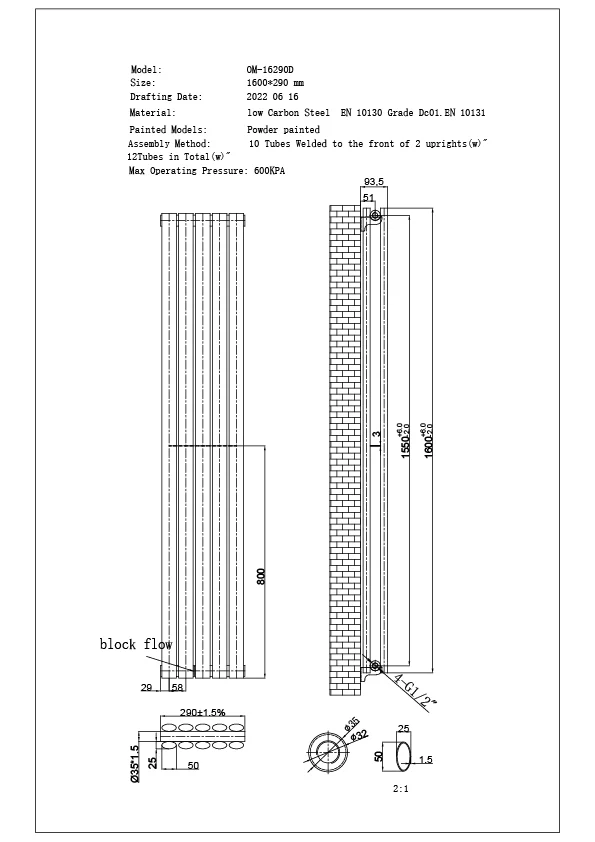 Omeara - Anthracite Vertical Radiator H1600mm x W290mm Double Panel - Image 3