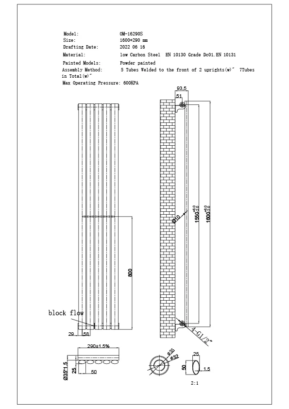 Omeara - Anthracite Vertical Radiator H1600mm x W290mm Single Panel - Image 3