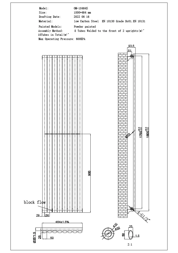 Omeara - Anthracite Vertical Radiator H1800mm x W464mm Single Panel - Image 3