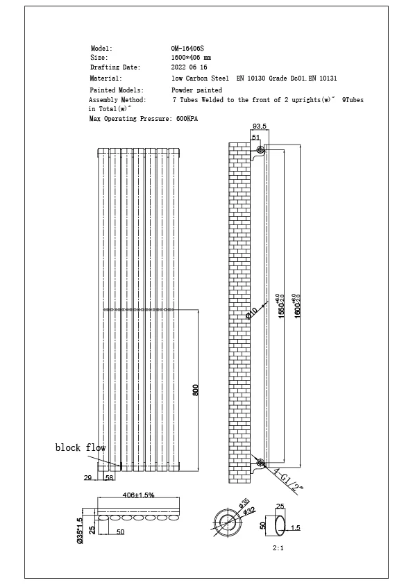 Omeara - Black Designer Radiator H1600mm x W406mm Single Panel - Feet Included - Image 4