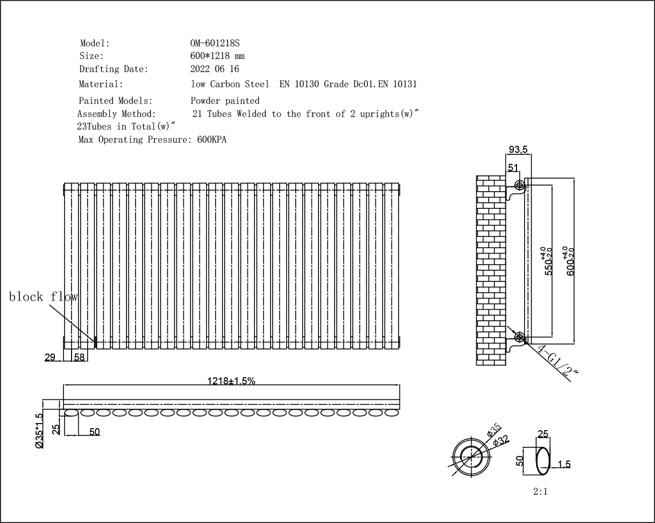Omeara - Black Horizontal Electric Radiator H600mm x W1218mm Single Panel 900w Thermostatic WIFI - Image 3