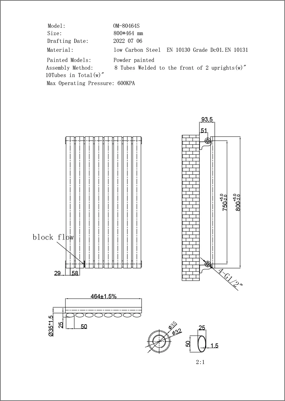Omeara Axis - Black Horizontal Radiator H464mm x W800mm Single Panel - Image 3