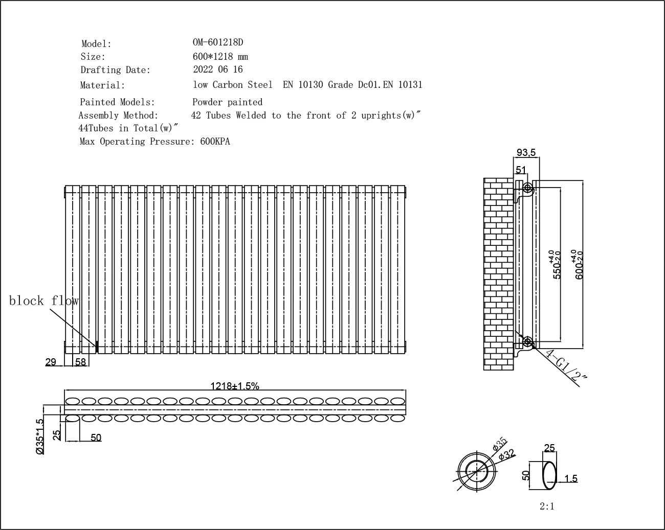 Omeara - Black Horizontal Radiator H600mm x W1218mm Double Panel - Image 3