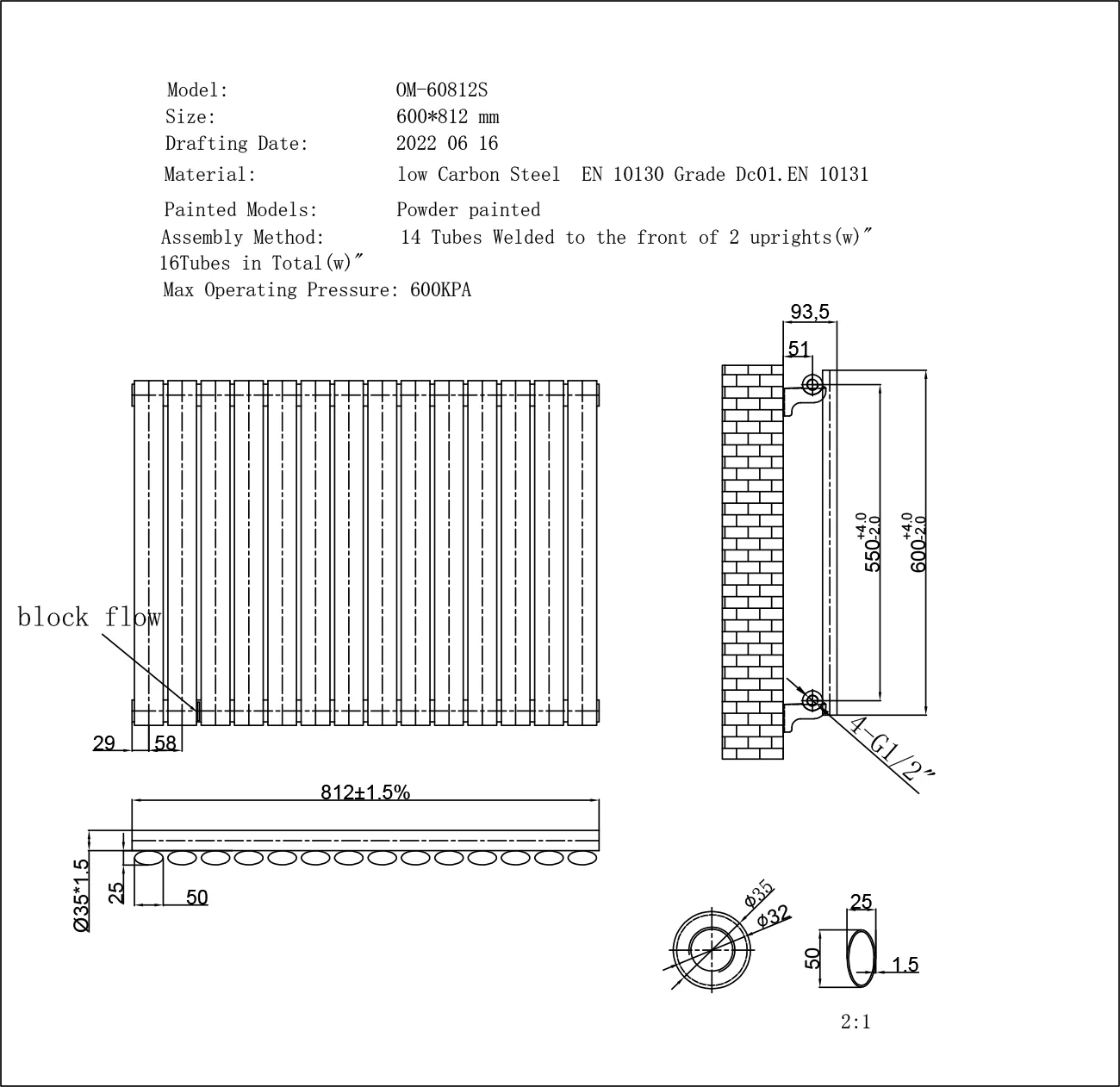 Omeara - Black Horizontal Radiator H600mm x W812mm Single Panel - Image 3