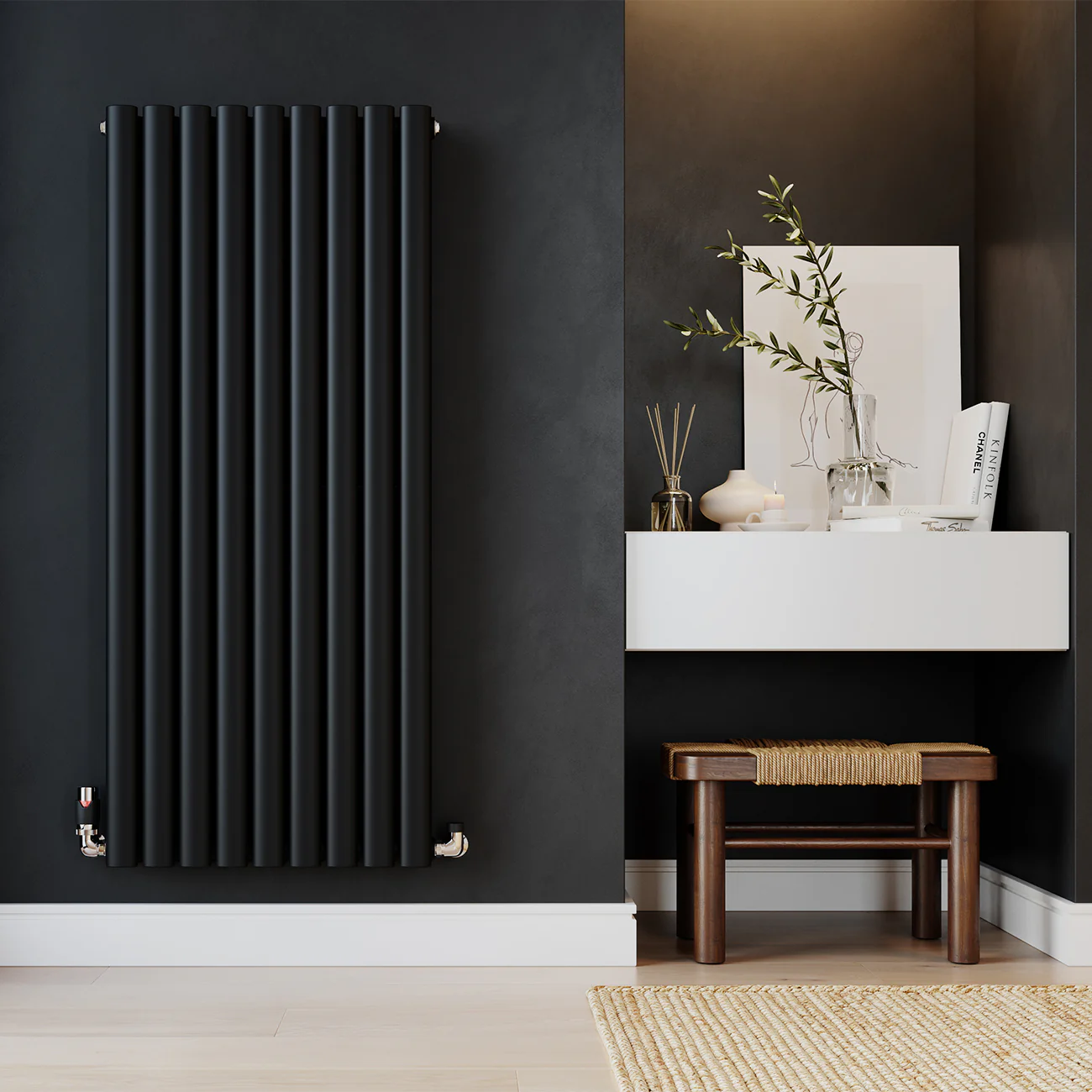 Omeara - Black Vertical Radiator H1200mm x W522mm Double Panel - Image 2