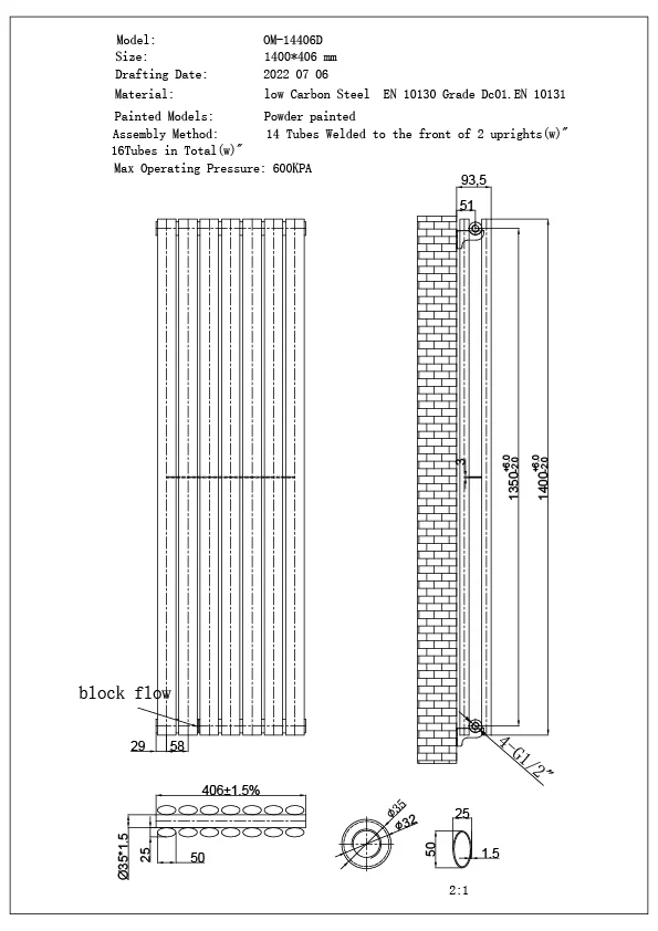 Omeara Axis - White Horizontal Radiator H406mm x W1400mm Double Panel - Image 3