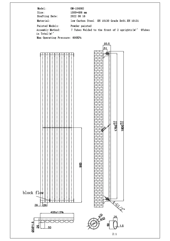 Omeara Axis - White Horizontal Radiator H406mm x W1800mm Single Panel - Image 3