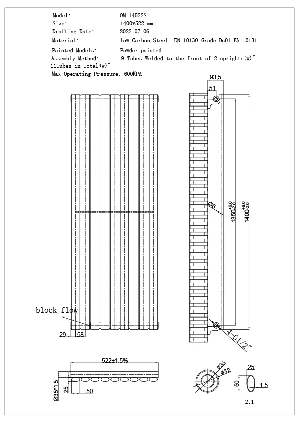 Omeara Axis - White Horizontal Radiator H522mm x W1400mm Single Panel - Image 3