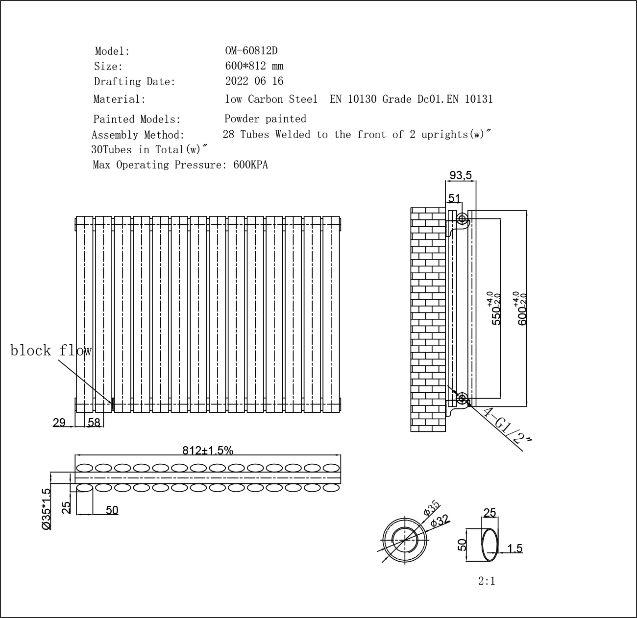 Omeara - White Horizontal Radiator H600mm x W812mm Double Panel - Image 3