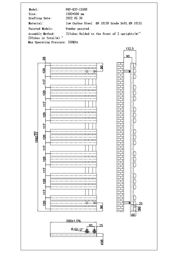 Percival - Anthracite Dual Fuel Towel Rail H1592mm x W500mm Thermostatic - Image 4