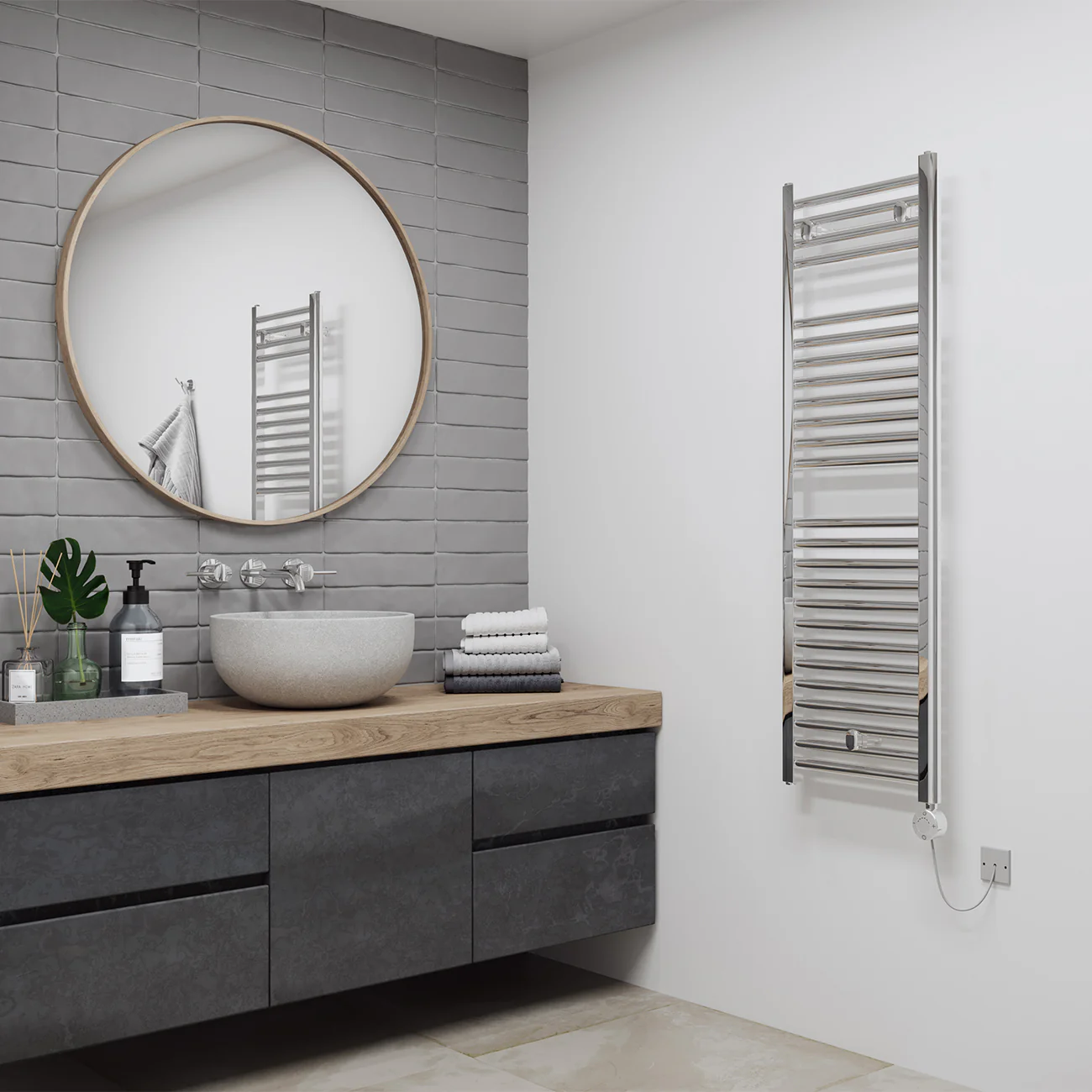 Roma - Chrome Electric Towel Rail H1230mm x W400mm Straight 300w Thermostatic - Image 2