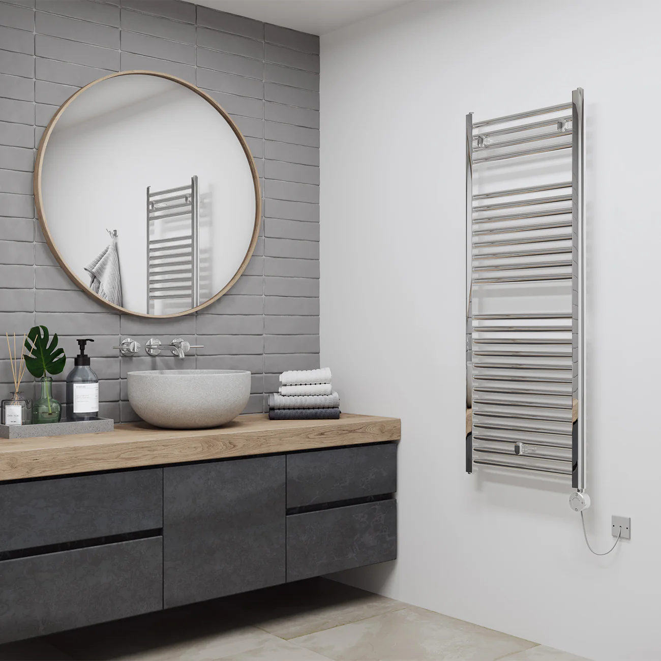 Roma - Chrome Electric Towel Rail H1230mm x W500mm Straight 300w Thermostatic - Image 2