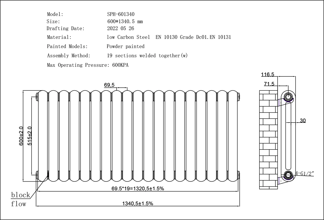 Sherwood - Anthracite Round Top Column Radiator H600mm x W1340mm 2 Column - Image 3