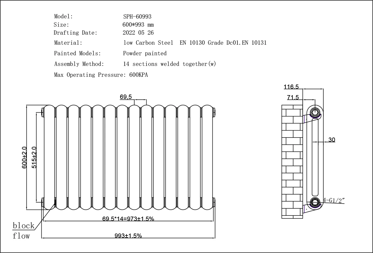 Sherwood - Black Round Top Column Radiator H600mm x W993mm 2 Column - Image 3