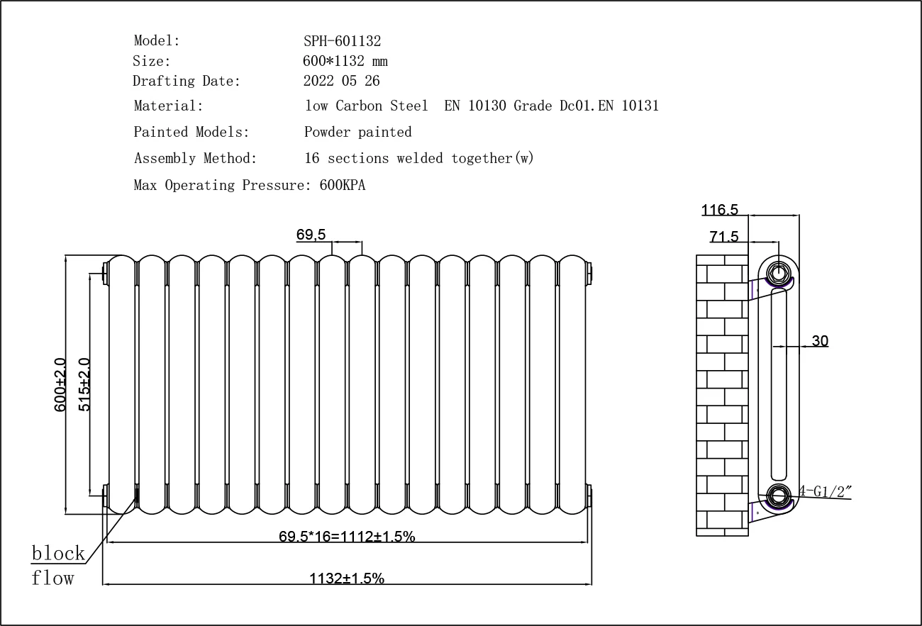 Sherwood - White Round Top Column Radiator H600mm x W1132mm 2 Column - Image 3