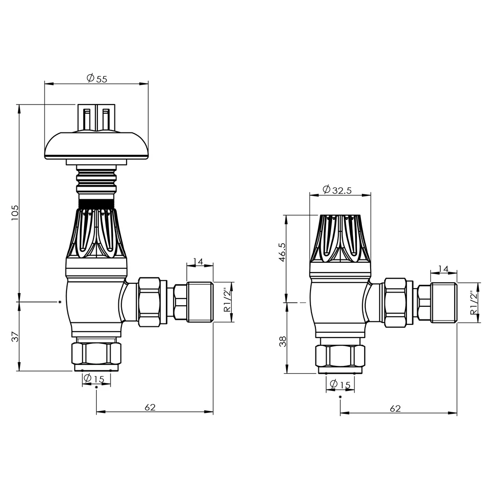 Signature Metal Head - Antique Brass Thermostatic Radiator Valve & Lockshield Angled 10mm - Image 3