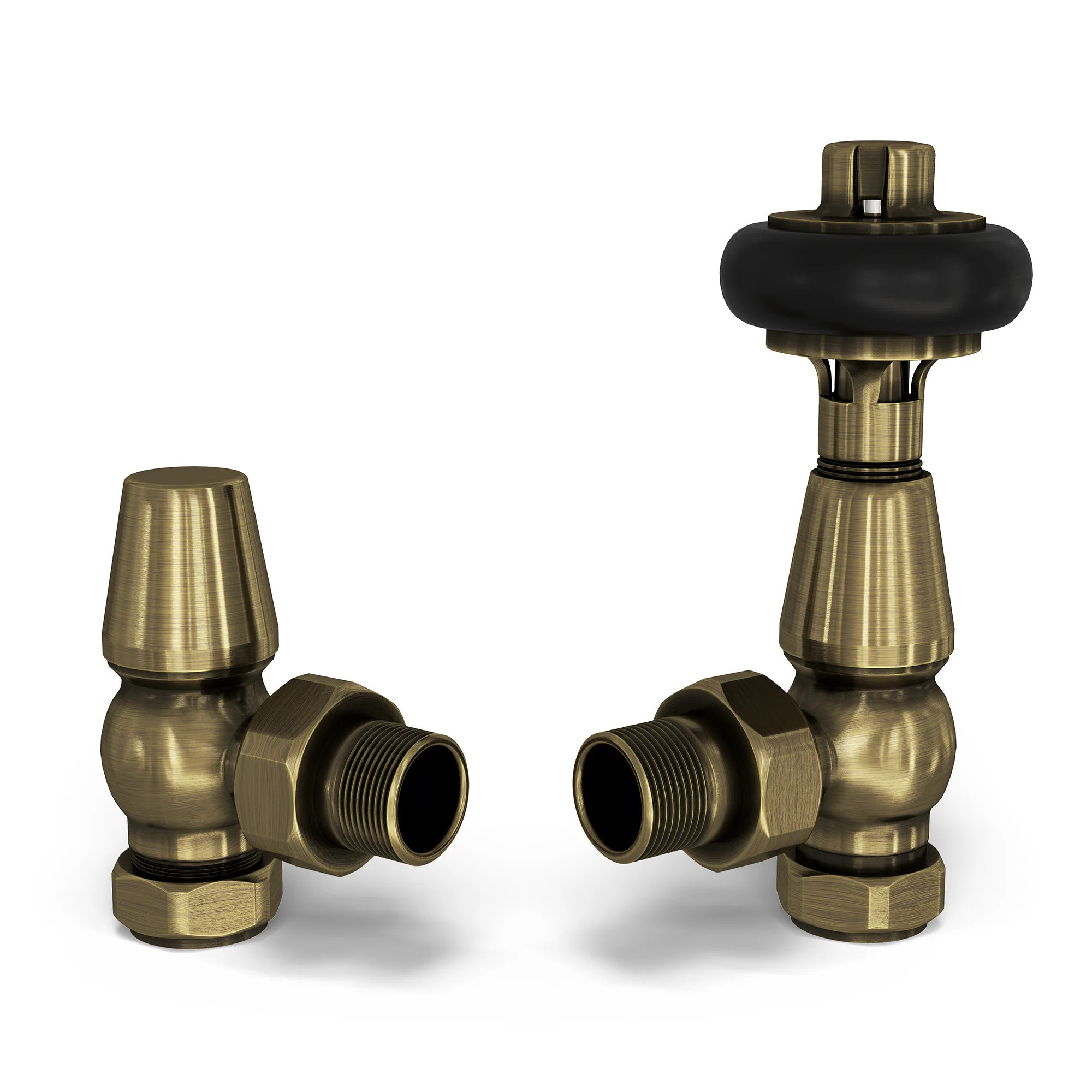 Signature Wooden Head - Antique Brass Thermostatic Radiator Valve & Lockshield Angled 10mm