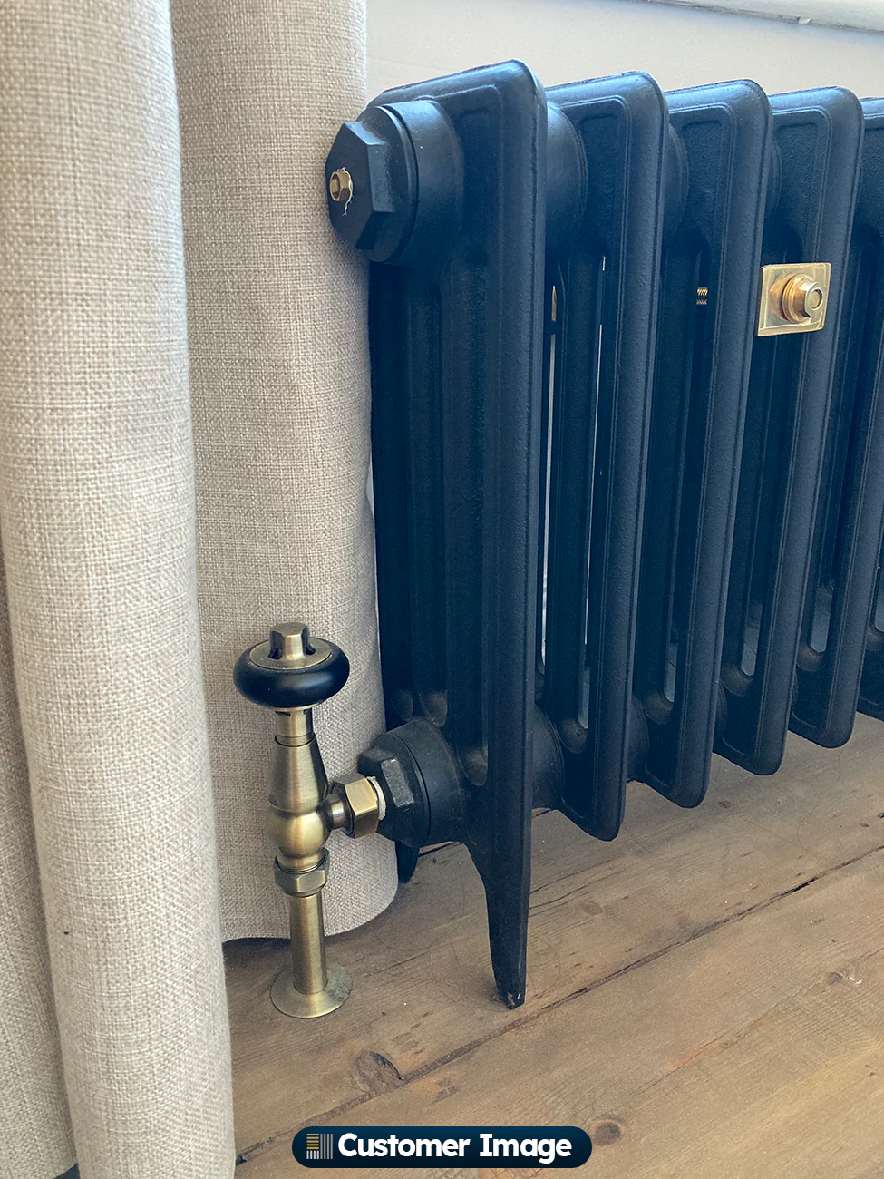 Signature Wooden Head - Antique Brass Thermostatic Radiator Valve & Lockshield Angled 15mm - Image 5