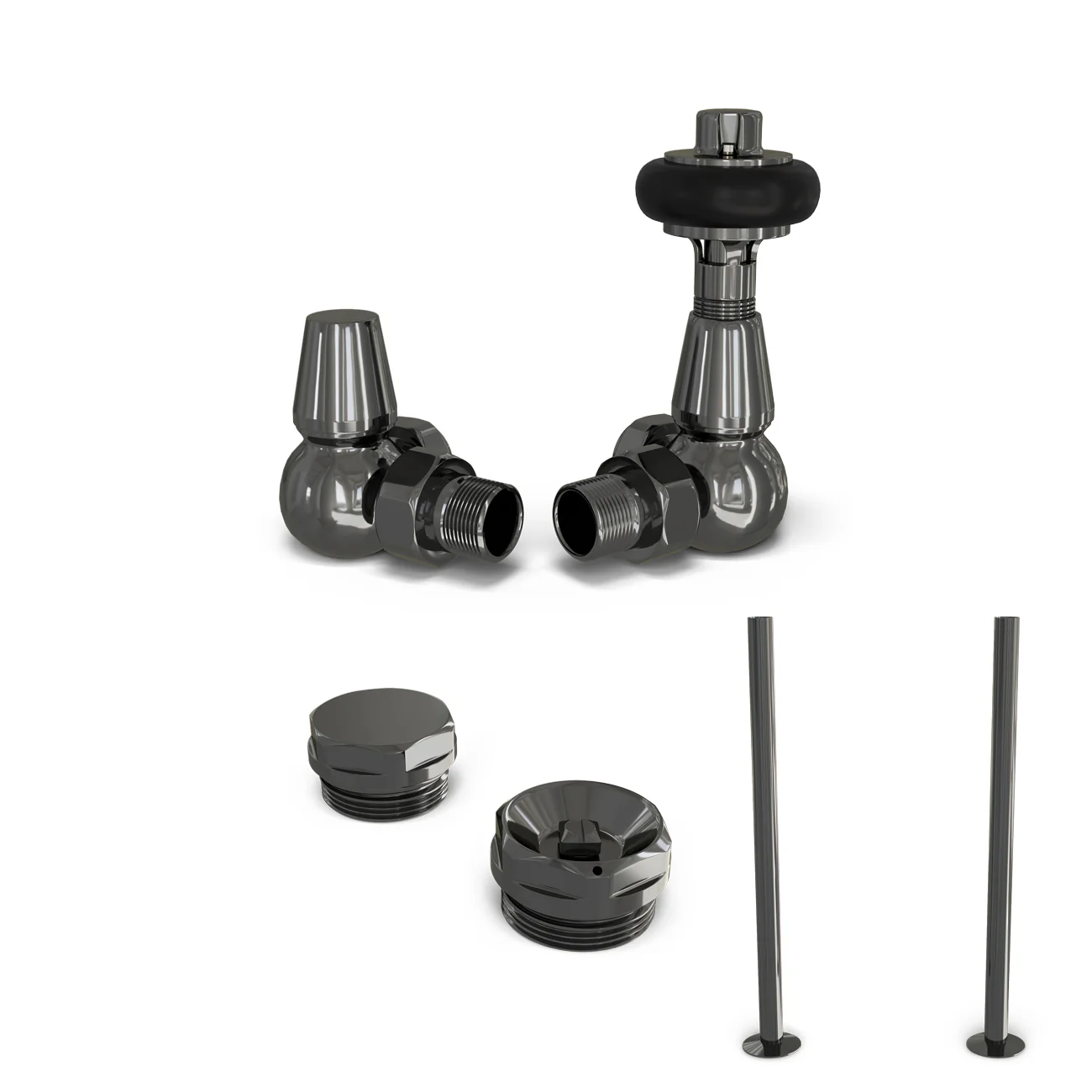 Signature Wooden Head - Black Nickel Thermostatic Radiator Valve & Installation Kit Angled 15mm