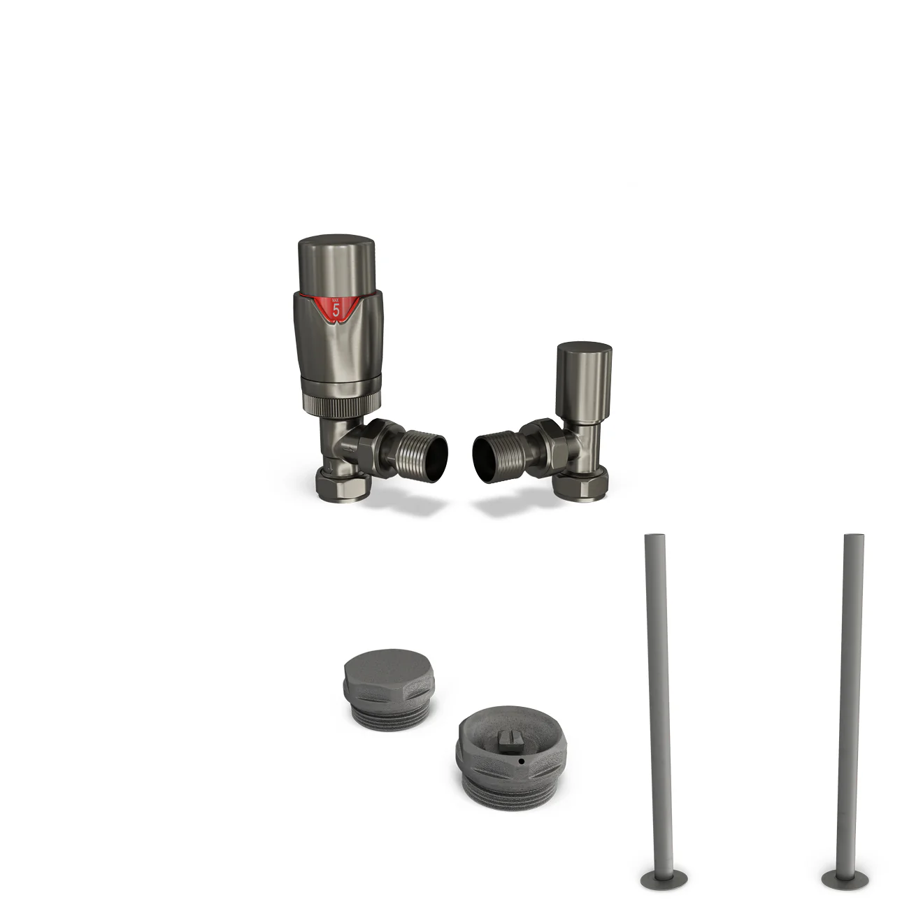 Stirling Bold - Pewter Thermostatic Radiator Valve & Installation Kit Angled 15mm