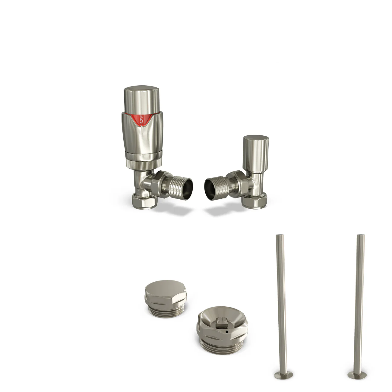 Stirling Bold - Silver Nickel Thermostatic Radiator Valve & Installation Kit Angled 15mm