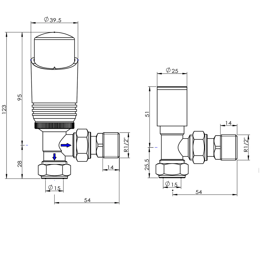 Talus Bold - Chrome Thermostatic Radiator Valve & Lockshield Angled 15mm - Image 2