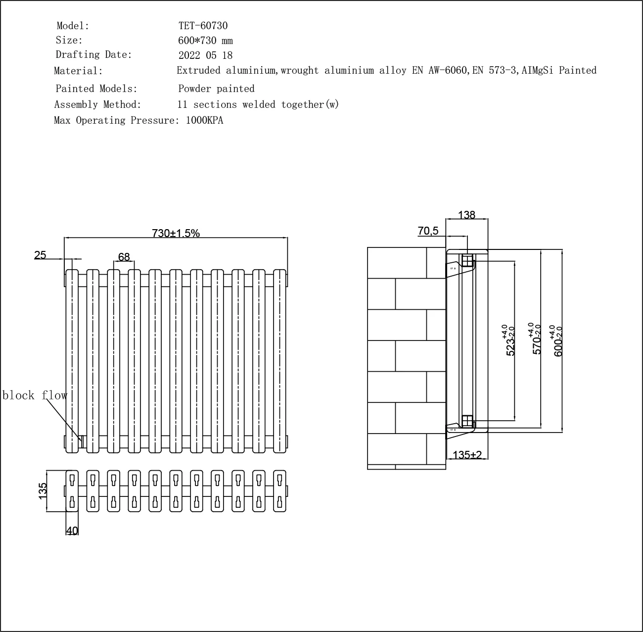 Temple - Anthracite Square Tube Column Radiator H600mm x W730mm - Image 3