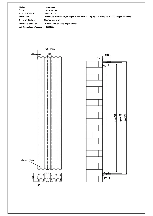 Temple - Black Vertical Square Tube Column Radiator H1800mm x W390mm - Image 3