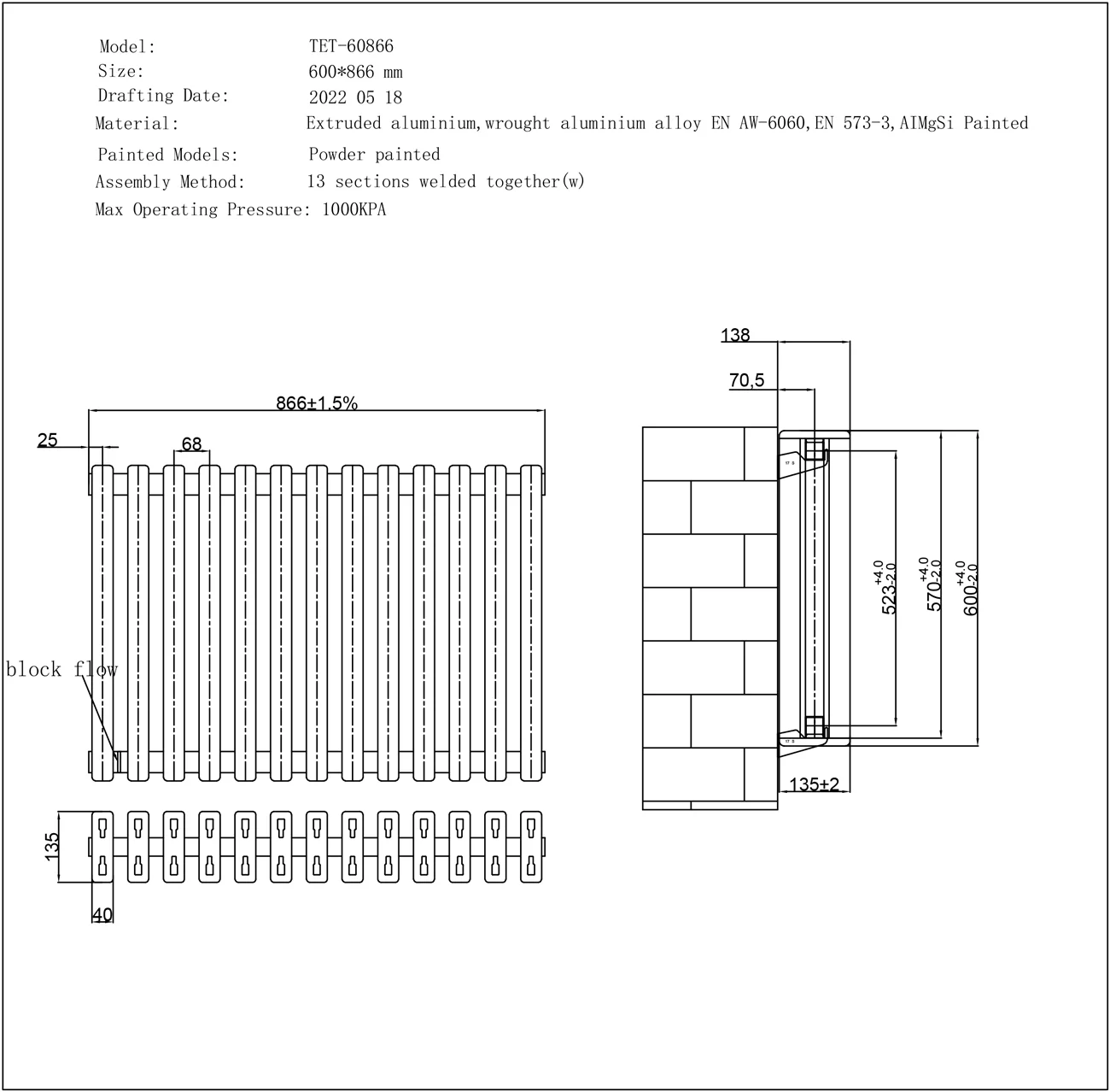 Temple - White Square Tube Column Radiator H600mm x W886mm - Image 3