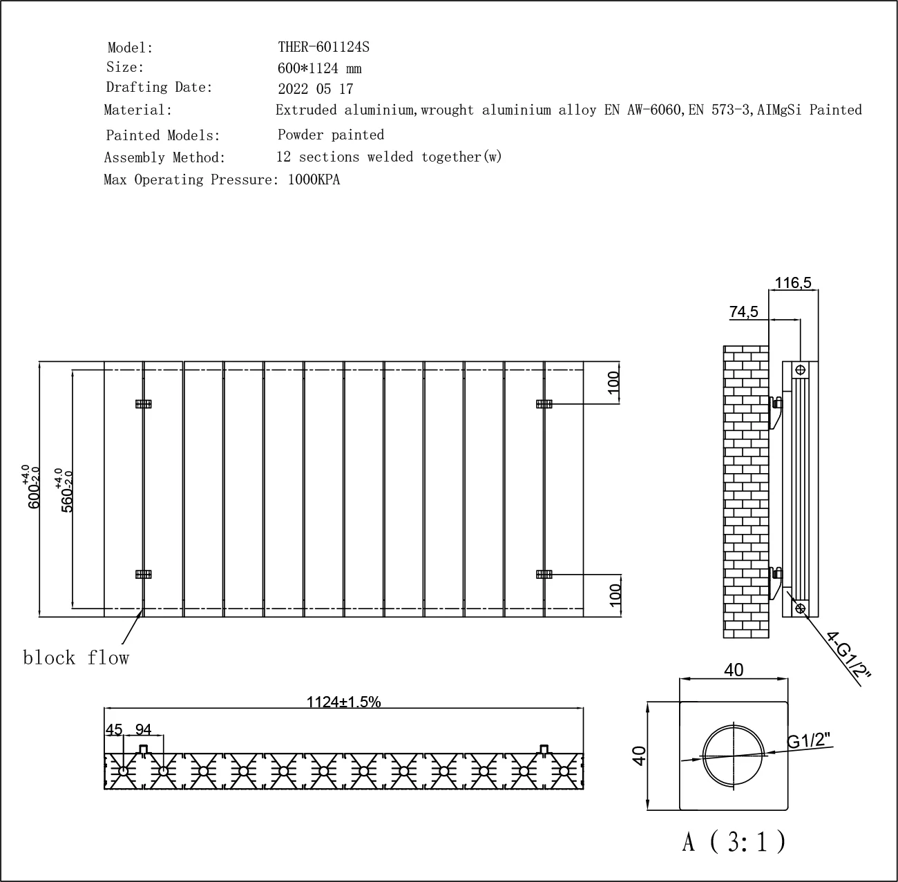 Thetford - Anthracite Horizontal Electric Radiator Double Panel H600mm x W1124mm Smooth 1200w Thermostatic WIFI - Image 2
