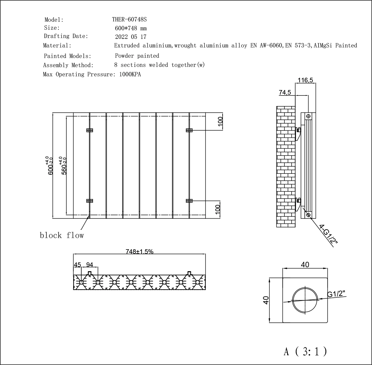 Thetford - Anthracite Horizontal Electric Radiator Double Panel H600mm x W748mm Smooth 600w Thermostatic WIFI - Image 4