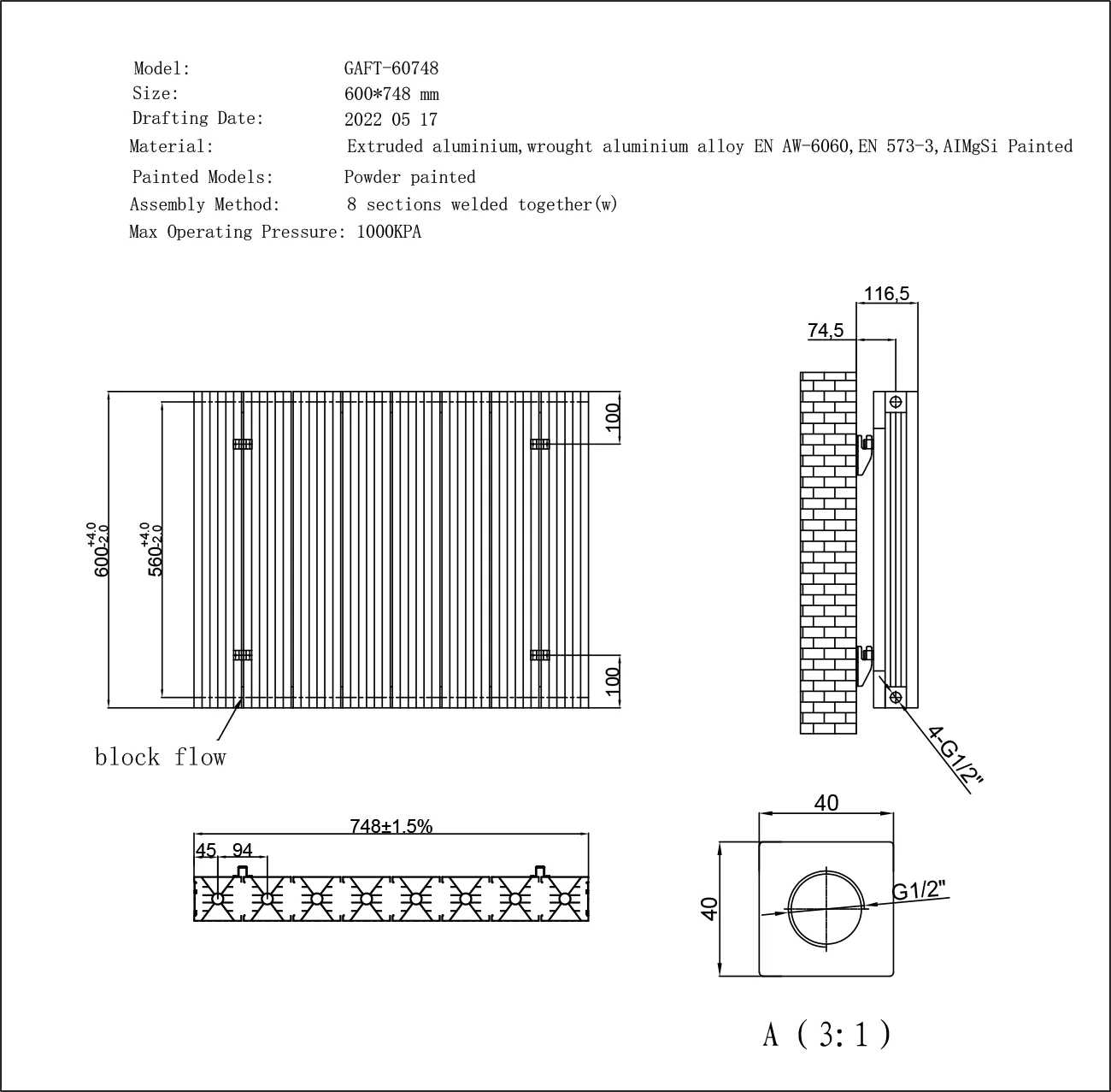 Thetford - Anthracite Horizontal Radiator Double Panel H600mm x W748mm Grooved - Image 3