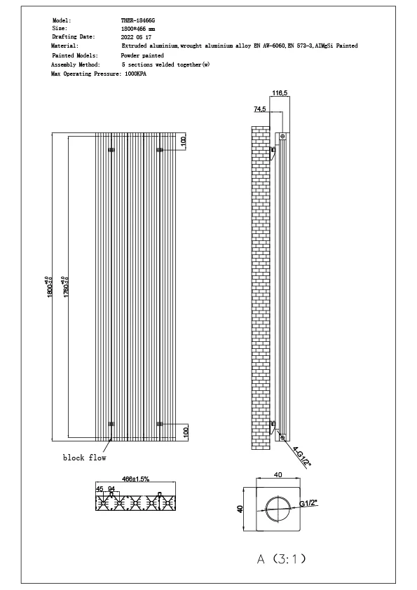 Thetford - Anthracite Vertical Radiator Double Panel H1800mm x W466mm Grooved - Image 3