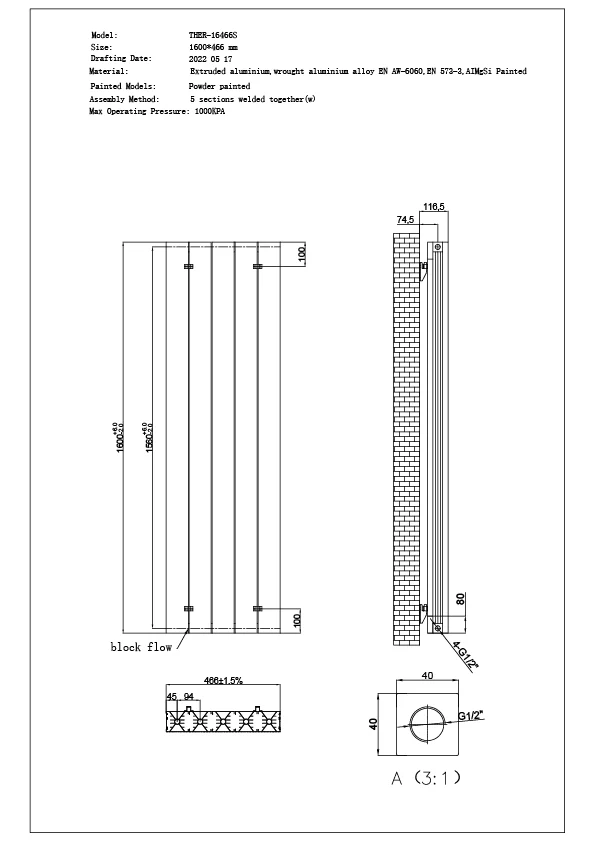 Thetford - Black Vertical Radiator Double Panel H1600mm x W466mm Smooth - Image 3